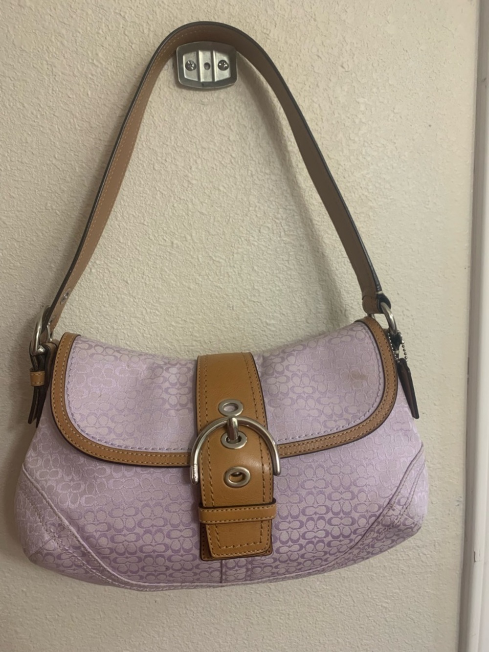 Vintage Coach Soho Lilac Signature Shoulder Bag with Tan Leather Trim